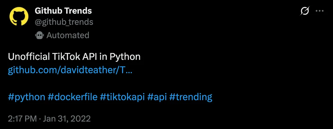 TikTok API trending on GitHub